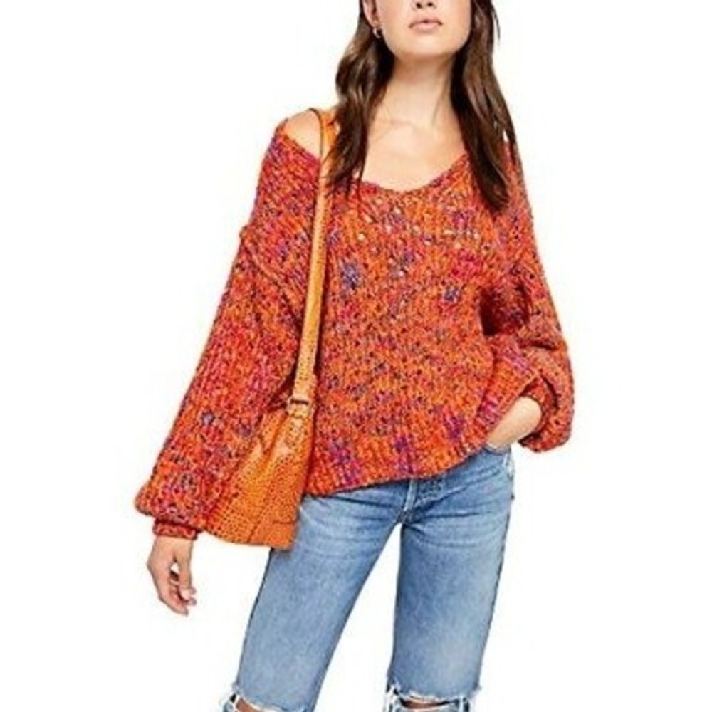 Free People Highland V-Neck Sweater Orange Multi Space Dye Chunky Knit XS